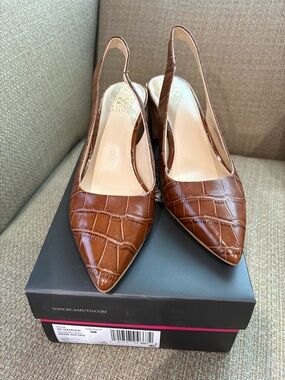 Vince Camuto Brown Croc-Embossed Pointed Toe Slingback Heels